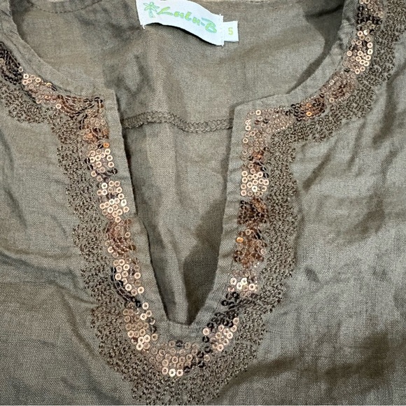 Lulu-B 100% Linen Womens S Blouse Brown Resort Travel Coverup Embellished Sequin - Picture 10 of 14